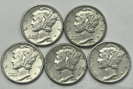 1941-1944 Mercury Silver Dimes (5 coins)