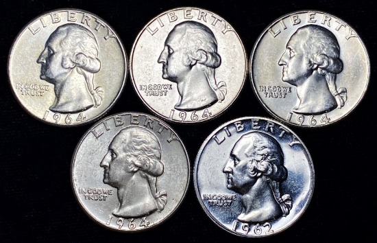 1962-1964 Washington 90% Silver Quarters Mint Condition (5-coins)