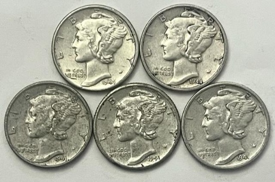 1941-1945 Mercury Silver Dimes (5 coins)