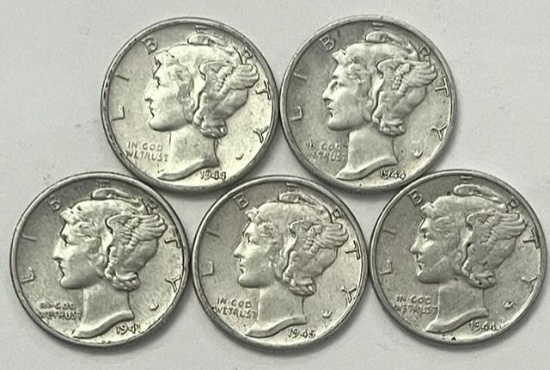 1941-1945 Mercury Silver Dimes (5 coins)