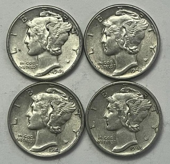 1943-1944 Mercury Silver Dimes (4 coins)