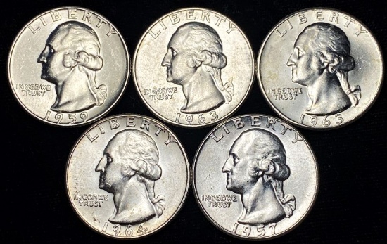 1957-1964 Washington 90% Silver Quarters Mint Condition (5-coins)