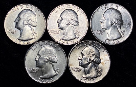 1959-1964 Washington 90% Silver Quarters Mint Condition (5-coins)