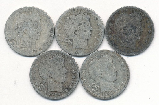 1892-1913 Barber 90% Silver Quarters (5-coins)