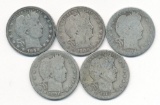 1894-1911 Barber 90% Silver Quarter (5-coins)