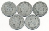 (5-coins) 1893-1916 Barber 90% Silver Quarters
