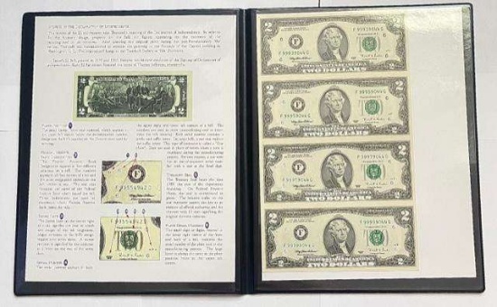 1985 U.S. Mint Commemorative Fine Art Gallery (4) $2 Notes Uncut Sheet (Consecutive Serial Numbers)