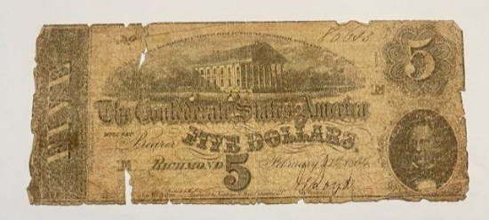 1864 Confederate States of America $5 Bank Note