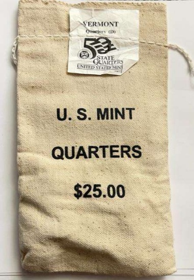 2001-D U.S. Mint Sewn Bag 50 State Quarters Vermont $25 (100-coins)