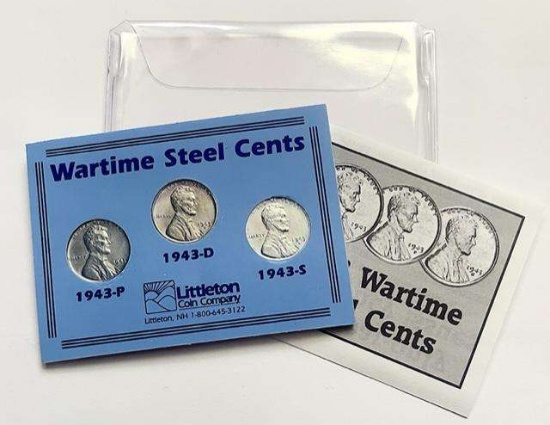 1943 Lincoln Wartime Steel Cents Mint Mark Collection Littleton Coin Co. (3-coins)