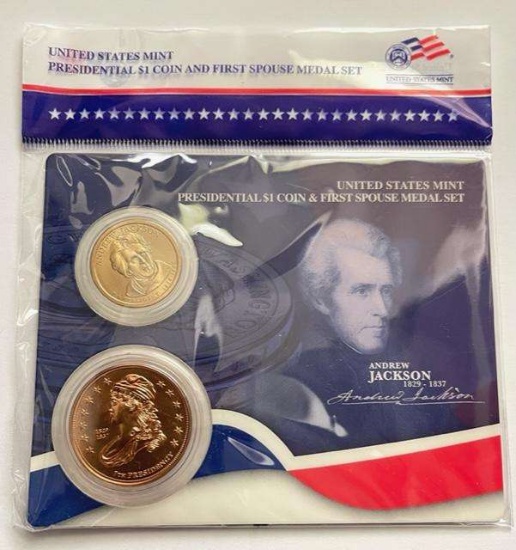 United States Mint Andrew Jackson Presidential $1 Coin & First Spouse Medal Set
