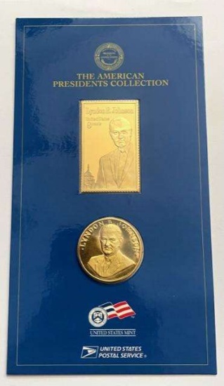 Lyndon B. Johnson Gold Layered .999 Fine Silver Stamp Ingot & Gold Layered Bronze Medal