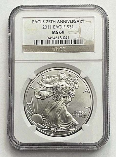 2011 American Silver Eagle .999 Fine NGC MS69 25th Anniversary