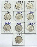1966-1969 Kennedy 40% Silver Half Dollars (10-coins)