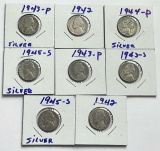 1942-1945 Jefferson Nickels (1943-1945 Silver War Nickels) 8-coins