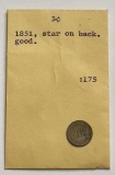 1851 Star & Shield Silver 3 Cent Piece
