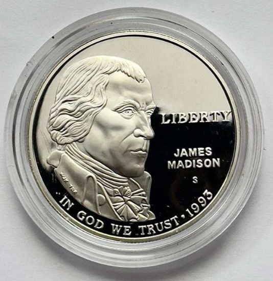 1993 James Madison Commemorative Proof Silver Dollar in Capsule