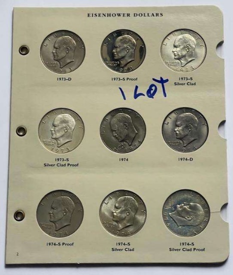 1973-1974 Eisenhower Dollar Album Page (9-coins) 4-Proof (4-silver/clad)