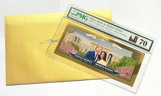 2018 Prince Harry & Meghan Markle Royal Wedding $5 1/100 oz 24kt Gold Foil Note PMG70