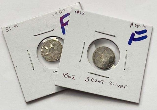 1857-1862 Three Cent Silver Trimes (2-coins) Fine