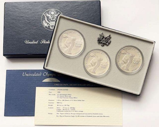 1983 U.S. Mint Uncirculated Olympic Silver Dollar Mint Mark Collection (3-coins)