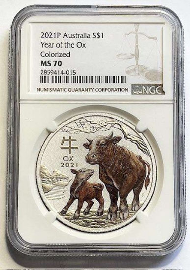 2021 Australia Colorized Year of the Ox 1 ozt .999 Silver $1 NGC MS70