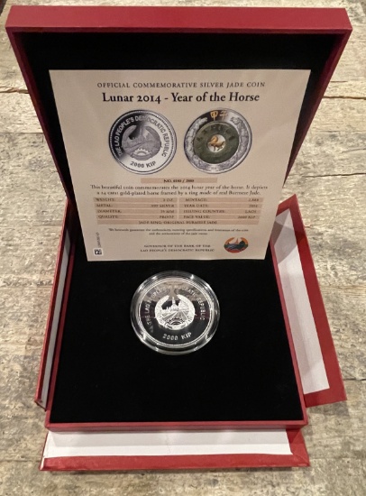 2 OZ Year Laos 2014 of The Horse 2000 Kip Jade Silver Coin LUNAR