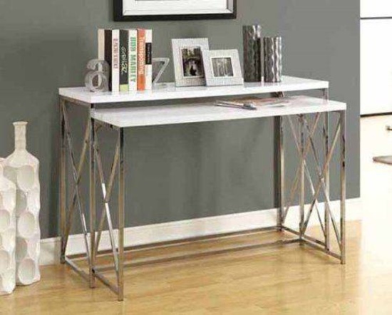 BRAND NEW Glossy White / Chrome Metal 2 Pc Console Table Set
