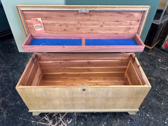 Wooden CEDAR LINED chest with lock and internal shelf