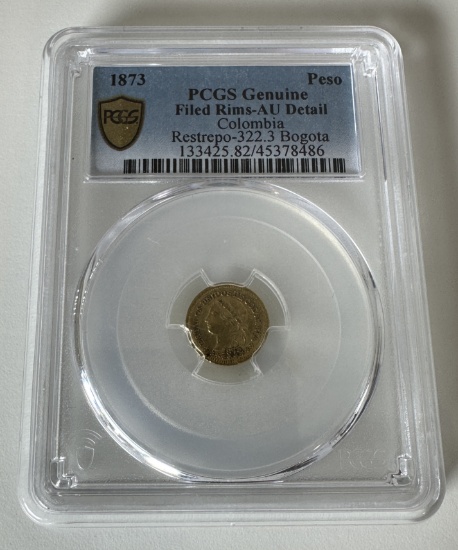 1873 COLOMBIA BOGOTA Peso Gold Coin PCGS AU-DETAIL 3374 MINTED