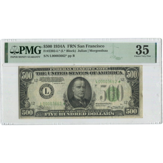 1934A US $500 Federal Reserve Note San Francisco - PMG 35 Choice Very Fine