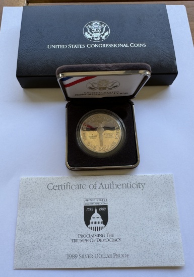 1989 CONGRESS SILVER DOLLAR PROOF COIN - CERTIFICATE OF AUTHENTICITY - IN BOX