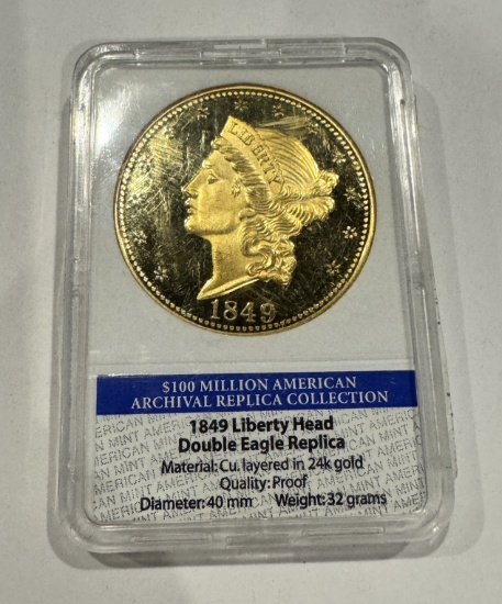 1849 Liberty Head Double Eagle Replica–$100 Million American Archival Collect–24K Gold-Layered Proof