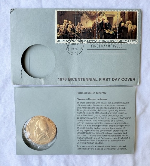 1976 Bicentennial First Day Cover American Revolution Thomas Jefferson Coin