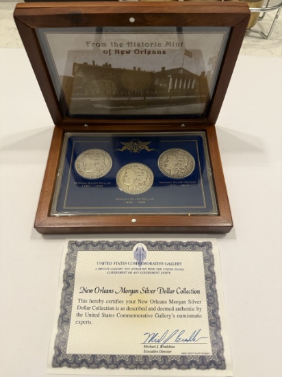 1880–1904 New Orleans Morgan Silver Dollar 3-Coin Set – Wooden Display Case with Certificate