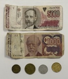 Argentina 5,000 and 10,000 Australes Banknotes with Four Coins – Collectible Currency Set