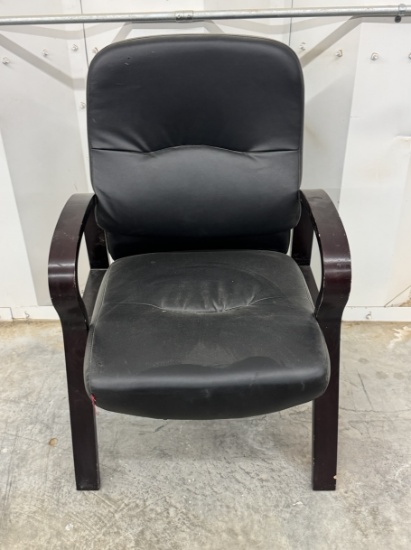 Black Leather Padded Chair with Wooden Armrests and Wood Legs