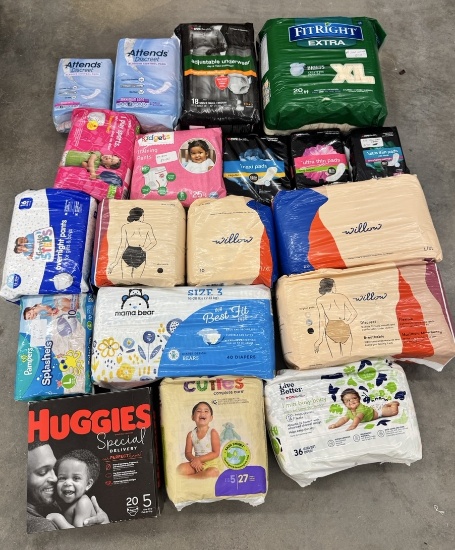 Lot of Baby and Adult Diapers – Assorted Brands and Sizes