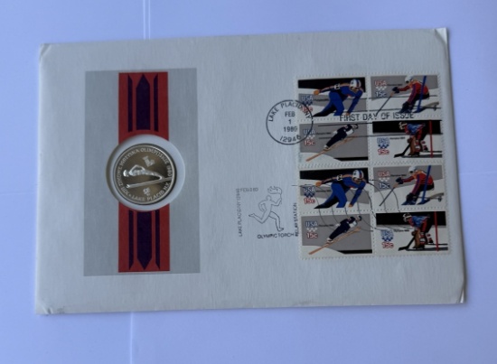 1980 XIII Winter Olympics Lake Placid First Day Cover – 15c Stamps & Commemorative Coin Collectible