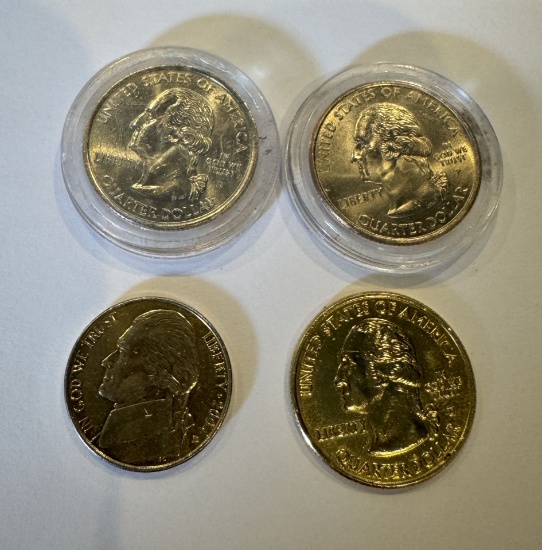 Set of Washington Quarter Half Dollar Coins and One 5 Cents Jefferson Nickel Coin