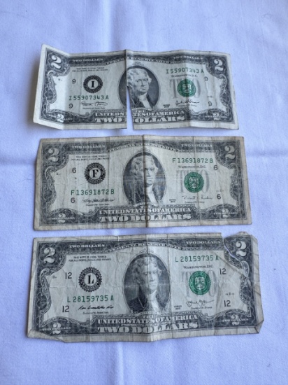 Set of 3 United States Two Dollar Notes – 1995, 2003 & 2013 – Green Seal