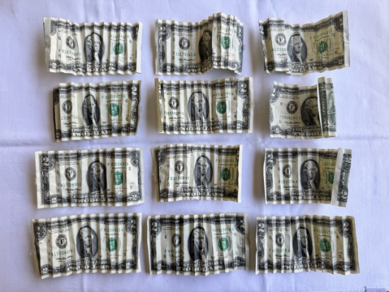 Lot of 12 United States Two Dollar Notes – Green Seal – Circulated with Folds