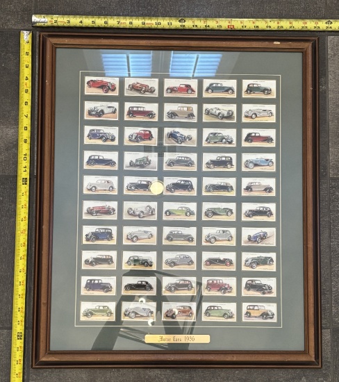 Framed 1936 Motor Cars Cigarette Card Set – Vintage Auto Collectible Display