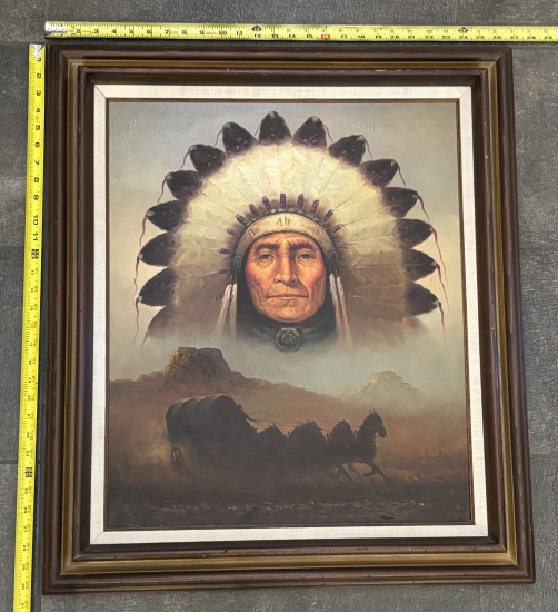 Vintage Native American Indian Painting in Wooden Frame – Wall Decor