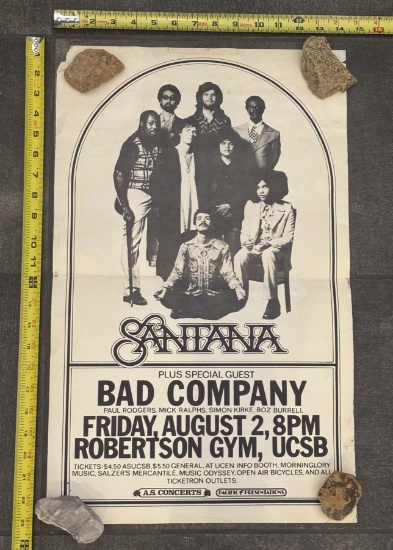 Vintage Concert Poster – Santana + Bad Company at Robertson Gym – Collectible Rock Wall Art 14.5x23
