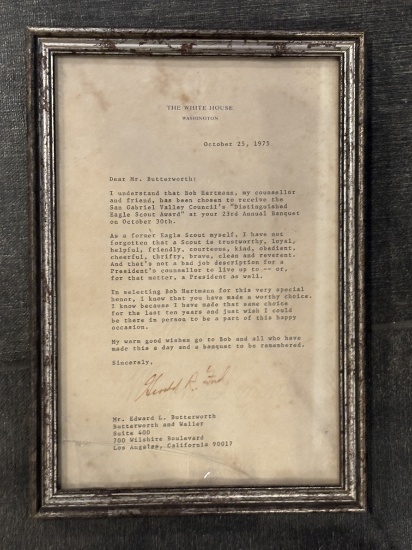 1975 White House Letter – Gerald Ford Eagle Scout Tribute to Bob Hartmann – Framed Collectible