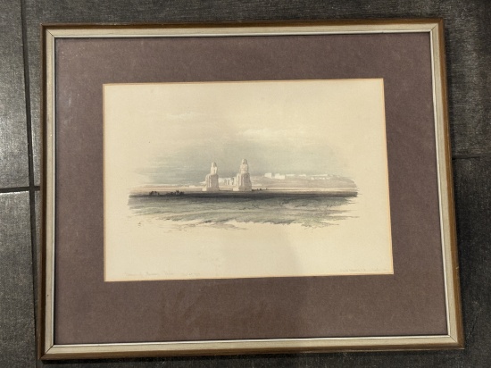 David Roberts – Statues of Memnon Reproduction of 1846 Hand-Colored Lithograph – Framed Decor Print