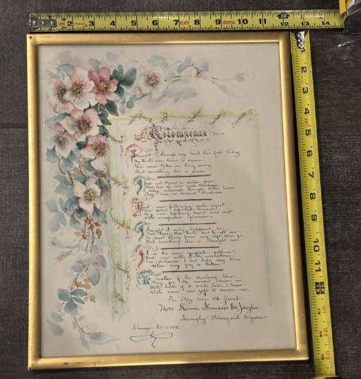 Decorative Framed Letter Artwork – Dated 1915 – Calligraphic Poetic Collectible 12.5x15