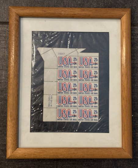 Framed 1968 U.S. Airmail Stamp Display – 21c Jet Design – Vintage Postal Collectible