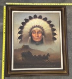 Vintage Native American Indian Painting in Wooden Frame – Wall Decor